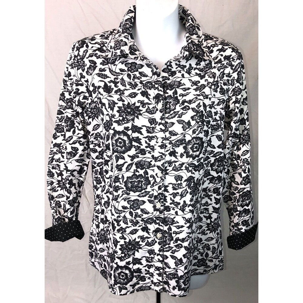 Charter Top 8 Blk wht Floral Button up 3/4 sleeve y2k cottage classic office
